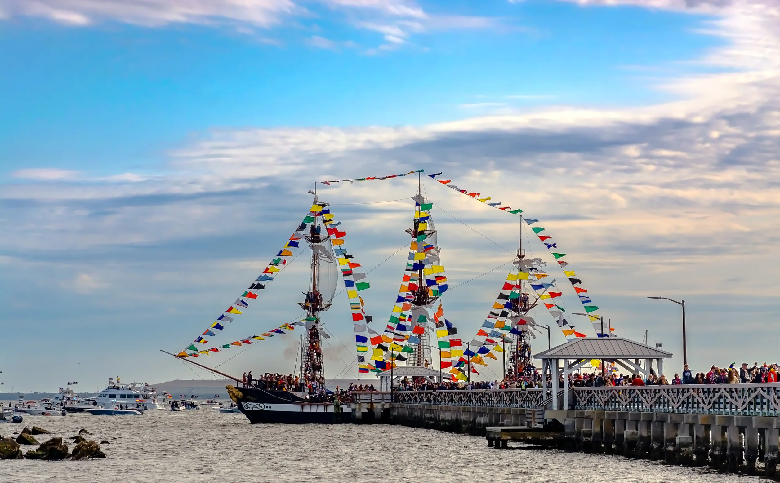 The Jose Gasparilla pirate ship invades Tampa Bay during the annual Gasparilla Pirate Festival